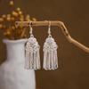 Ethnic Miao Silver Style Long Tassel Earrings with Ancient Scenic Stud Design for Women