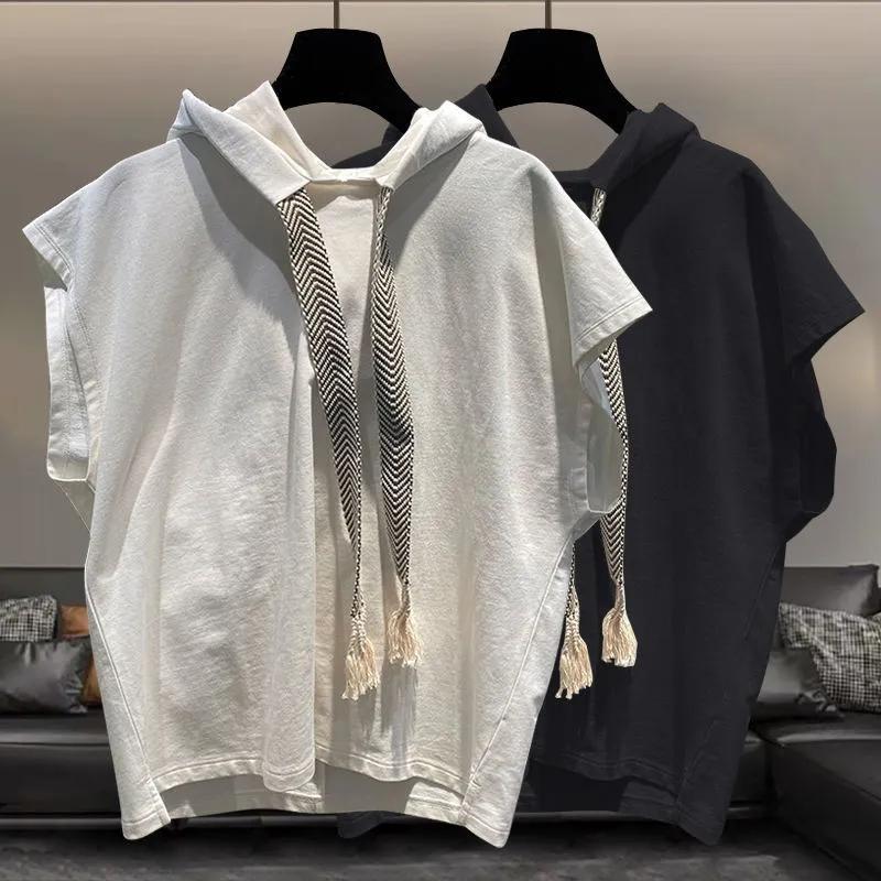Hooded Sleeveless T-shirt Men's Summer New Plus Size Solid Color Loose All-match Vest Tops Street Casual Fashion Men Clothing