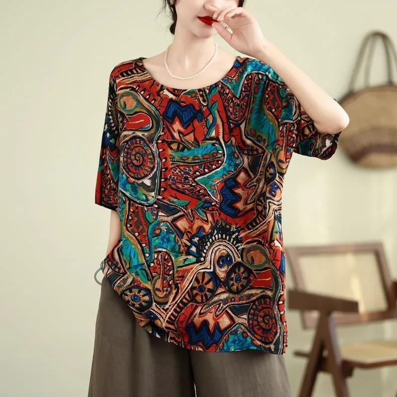 Summer Loose Women's Printed Round Neck Top Short Sleeve Ethnic Style