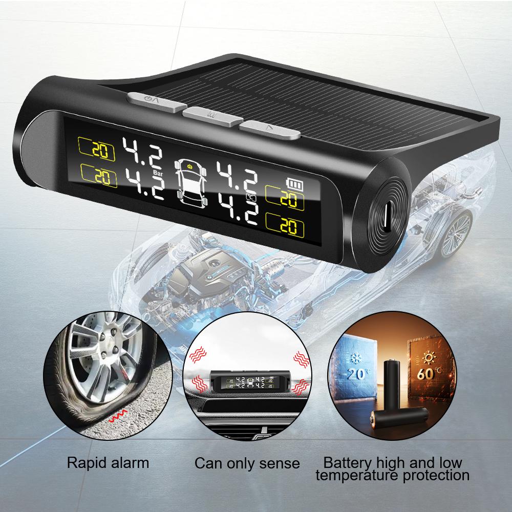 TPMS Tyre Pressure Monitoring System Solar Power LCD Display with 4 Internal/External Sensor  Waterproof Temperature Warning