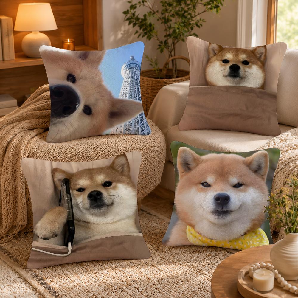 Cute Shiba Inu Cushion Cover Anti-dustmite Pillowcase Invisible zipper silky short plush Sofa cushion cover