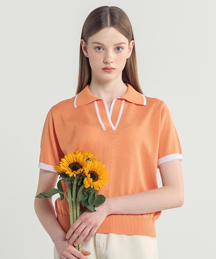 BLOND9 Cool Coloration Collared Short Sleeve Knit_Orange