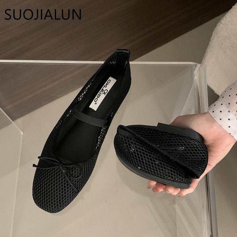 Fashion SUOJIALUN 2025 Summer New Brand Women Flat Shoes Fashion Mesh Ladies Elegant Boat Shoes Round Toe Shallow Slip On Ballerina Shoe