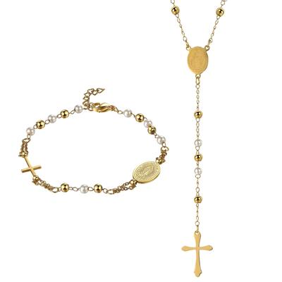 Aroncent Cross Bracelet and Necklace Set: Beads, Pearls, Prayer Beads, Chain, Retro, Antique Style, Simple, Stylish, White Gold - Virgin Mary,