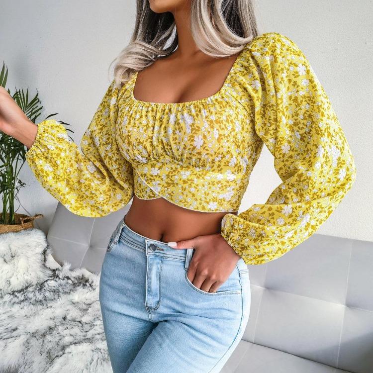 Spring Summer Floral Chiffon Crop Blouse Square Neck Lantern Sleeve Bow Resort Top S-XL