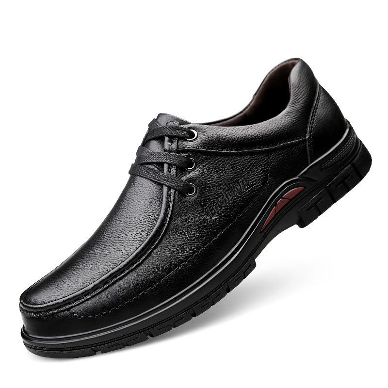 

Мужская обувь из коровьей кожи первого слоя, повседневная обувь с большой головой, кожаная обувь, толстая подошва, мягкая подошва, средняя обувь для отцов 40 чёрный