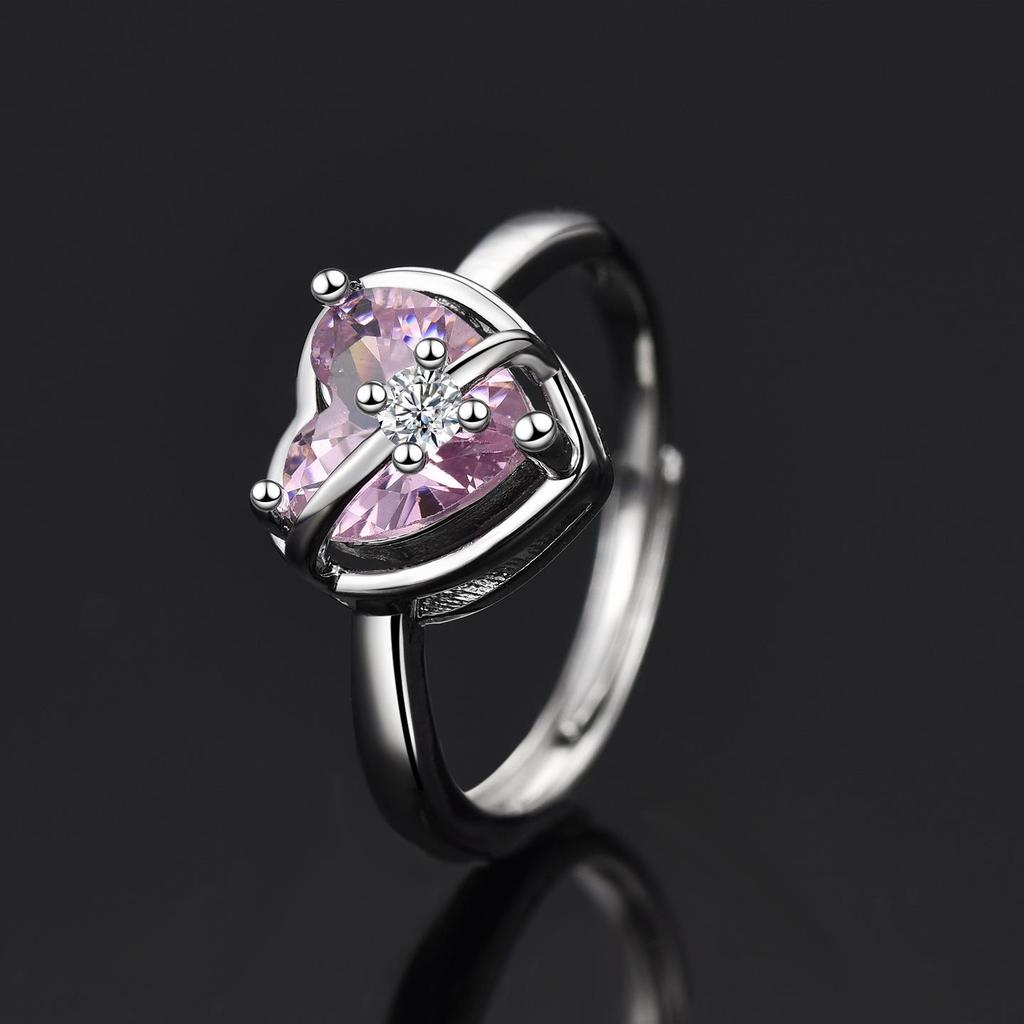 Platinum-Plated S925 Sterling Silver Heart Ring with Pink Diamond, Adjustable Women's Valentine's Day Gift.