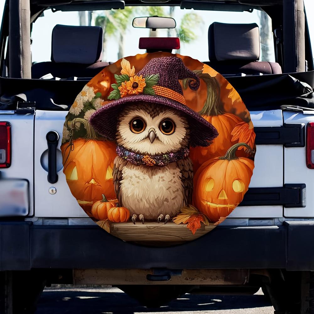 1pc Halloween Owl Tire Cover - Cute Owl With Witch Hat And Pumpkin, Durable 100% Polyester Fabric, No Electricity Required, Suit