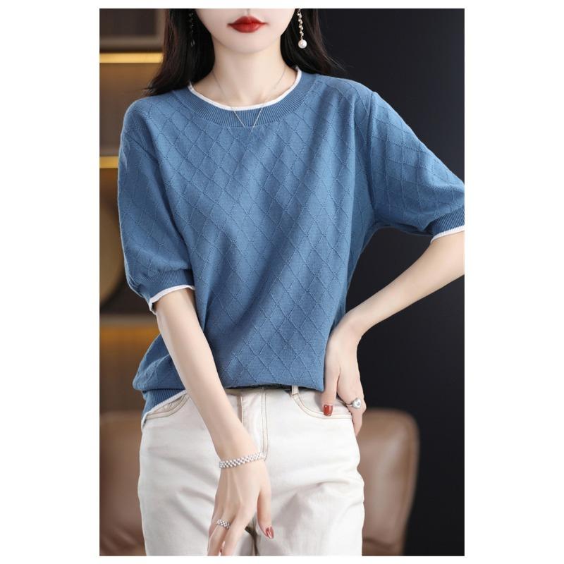 Cotton Thread Pullover Women Short Sleeved Round Neck T-shirt Color Blocked Diamond Shape Thin Knit Bottoming Shirt Simple Casual Commut Spring Autumn