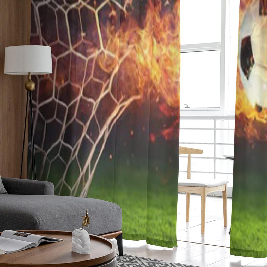 Abstraktes Fußballfeld mit Tornetz und feurigen Flammen auf Gras, transparente Tüllvorhänge für Wohnzimmerdekor, Voile-Organza-Vorhang