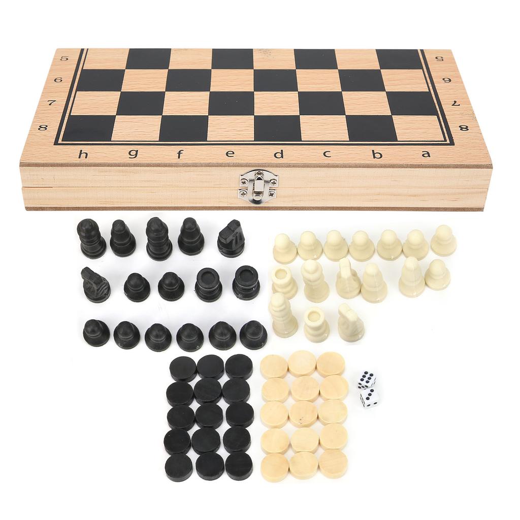 3‑In‑1 Wooden Chess Checkers Folding Portable Interactive Chess Board Toy