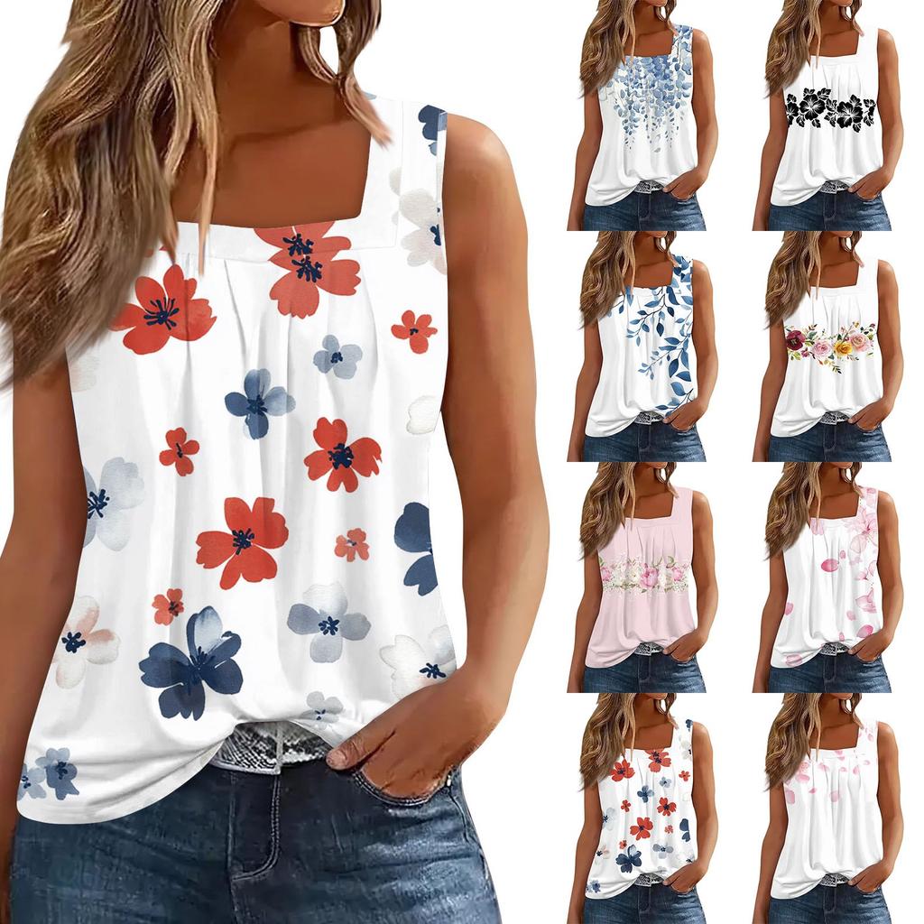 Women's Pleated Square Collar Sleeveless Vest Print T-shirt