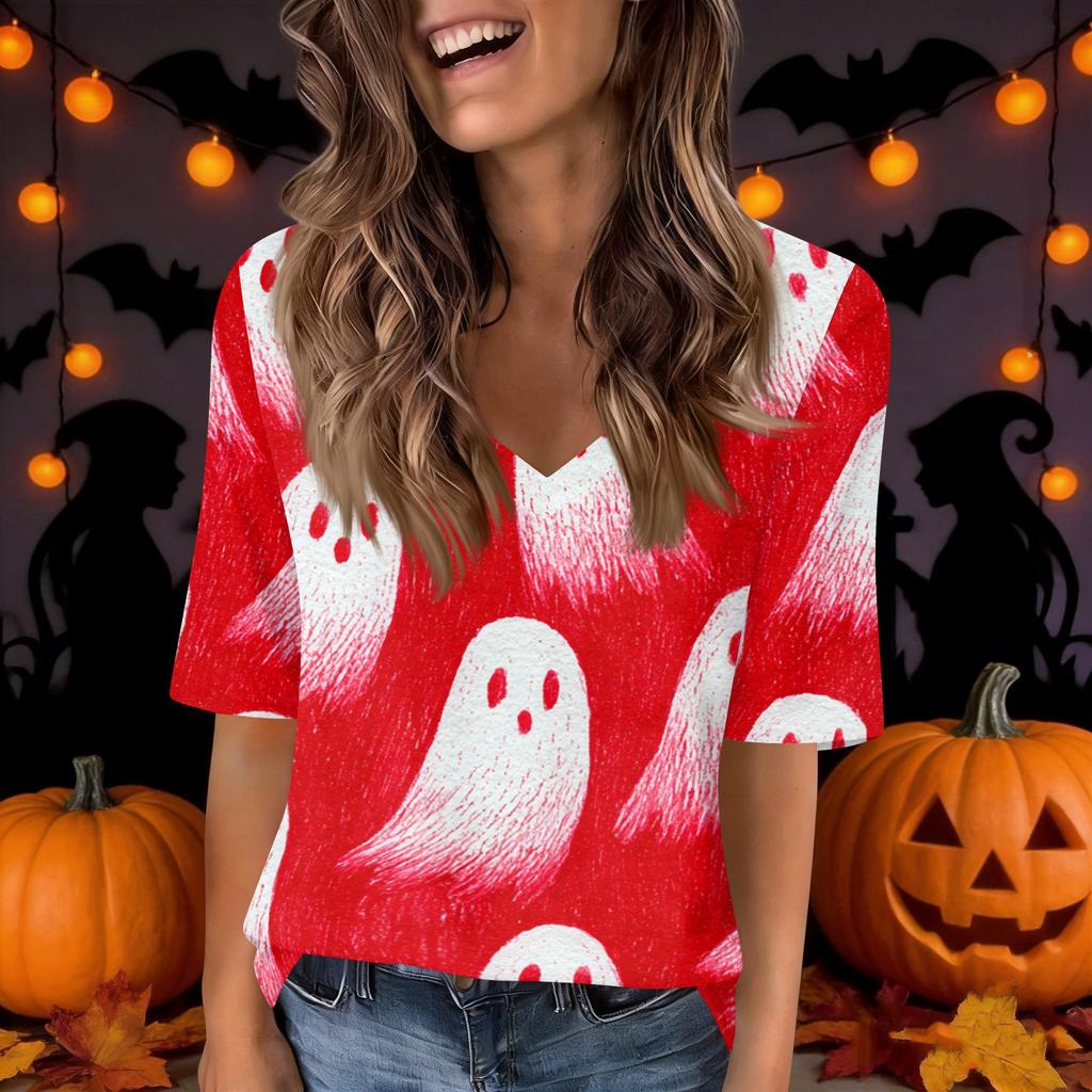 Women's Casual V-Neck Short Sleeve Blouse with Halloween Print