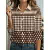 Women's Long-sleeved Fashion Casual Versatile Shirt with Classic Brown and White Color Scheme.
