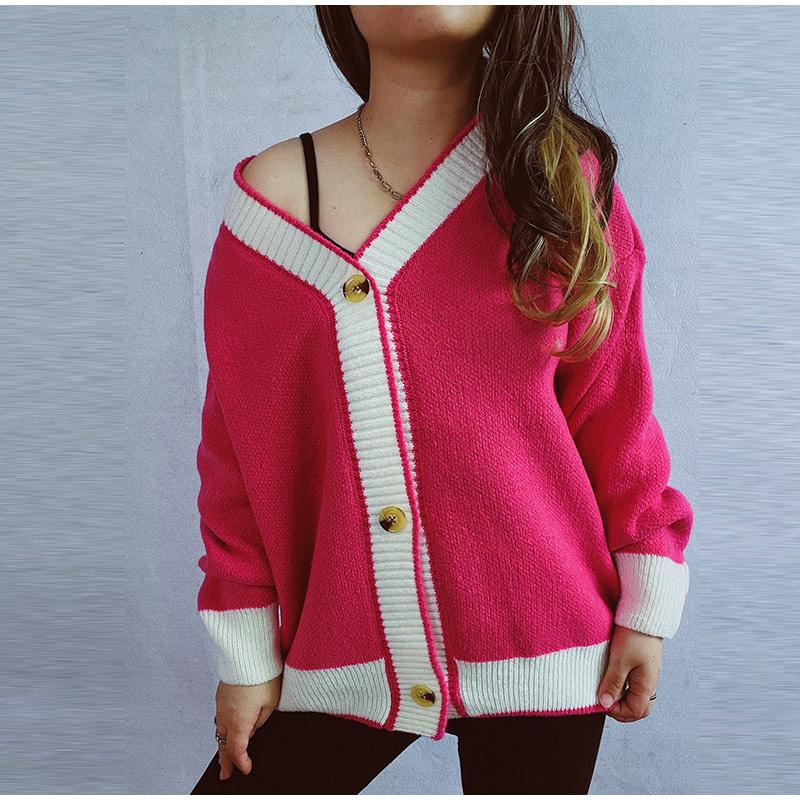 Knitted Cardigan Women V-neck Sweater Autumn Winter Single Breasted Coats Fashion Long Sleeve Panelled Casual Outerwear