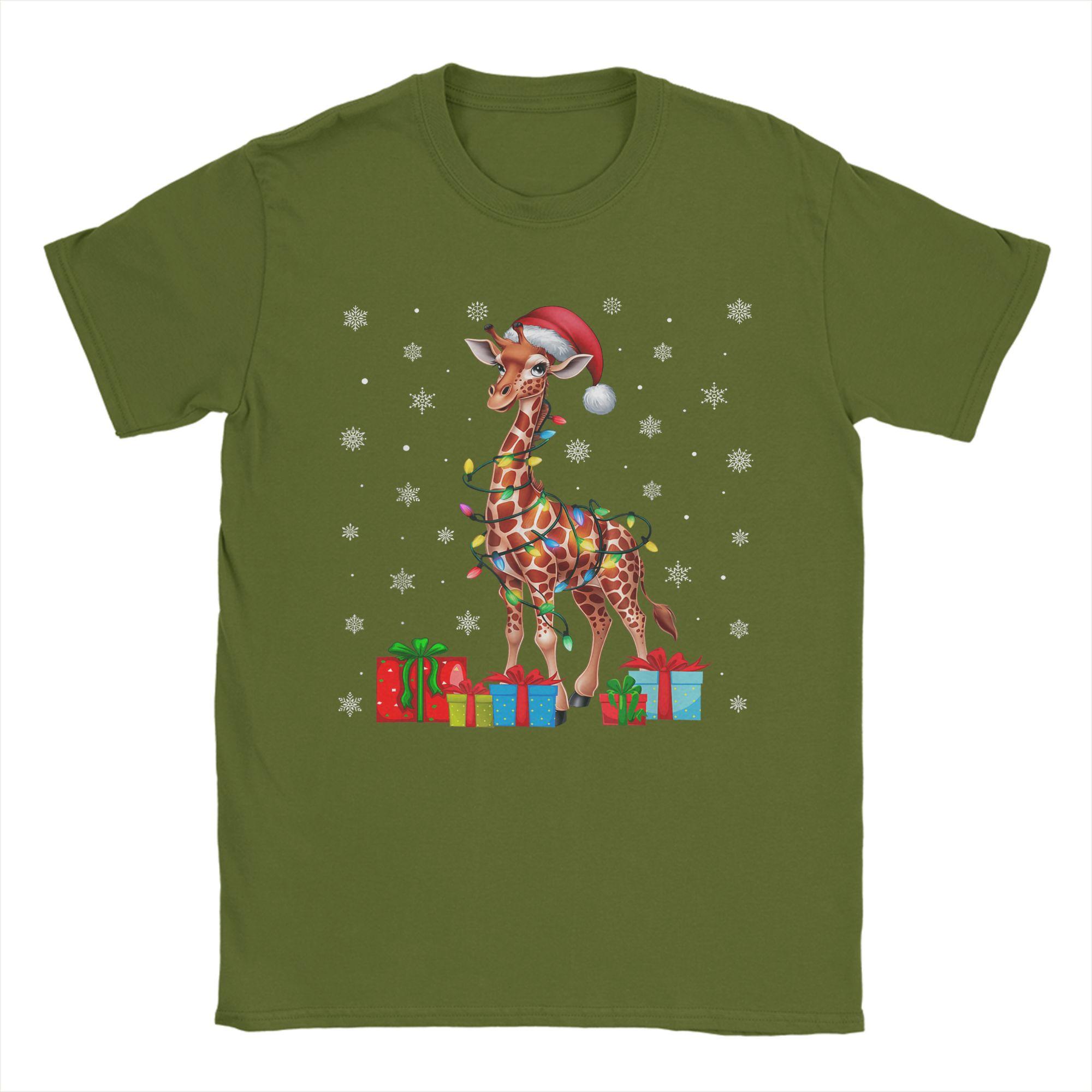 Giraffe Ugly Xmas Lights Santa Hat Giraffe Christmas T-Shirts for Men Tee Shirt Crewneck Short Sleeve T Shirt Plus Size Clothing 4XL
