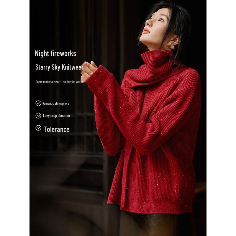XWI Women s Red Pullover Knit Sweater with Detachable Scarf L