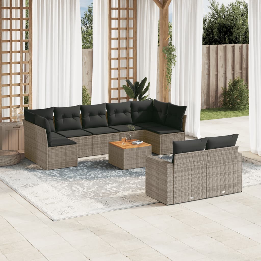 10 piece Grey Garden Sofa Set with Cushions Poly Rattan