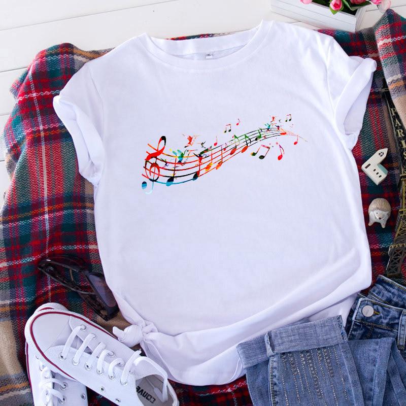 Women T Shirt 2025 Graphic Musical Note Print Cute 90S Summer Lady Clothes Tops Tees Harajuku Short Sleeve Female T-Shirt 2025
