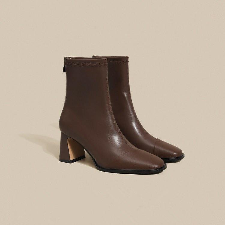 Ruodan Brown High-Heeled Short Boots Women'S Autumn And Winter French Small Ankle Boots Square Head Thick Heel Thin Boots