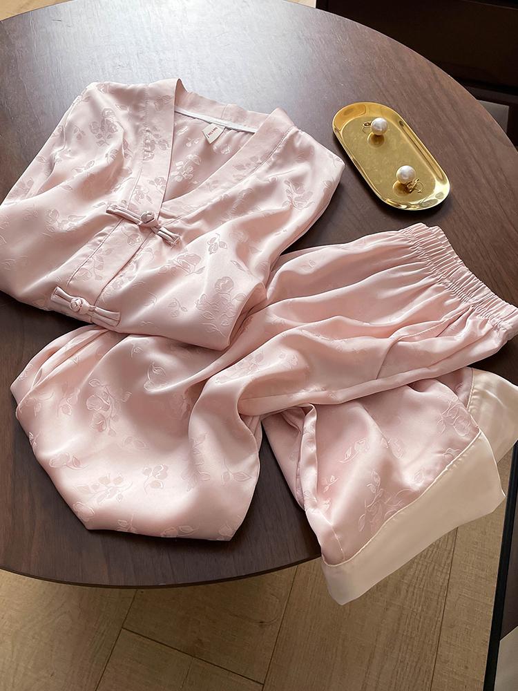 

2025 Elegant Mulberry Silk Short Sleeve Pajamas with Frog Buttons for Women - Chinese Style Hanfu Loungewear Medium розовый