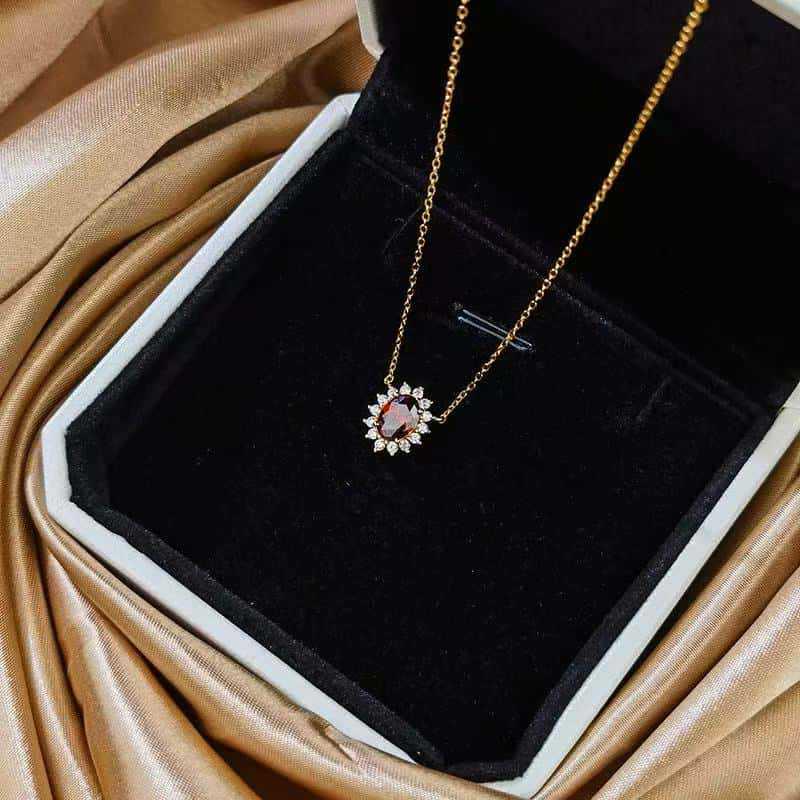 18K Gold Plated Sterling Silver Garnet Red Ruby Necklace for Women - Retro Fashion Clavicle Chain