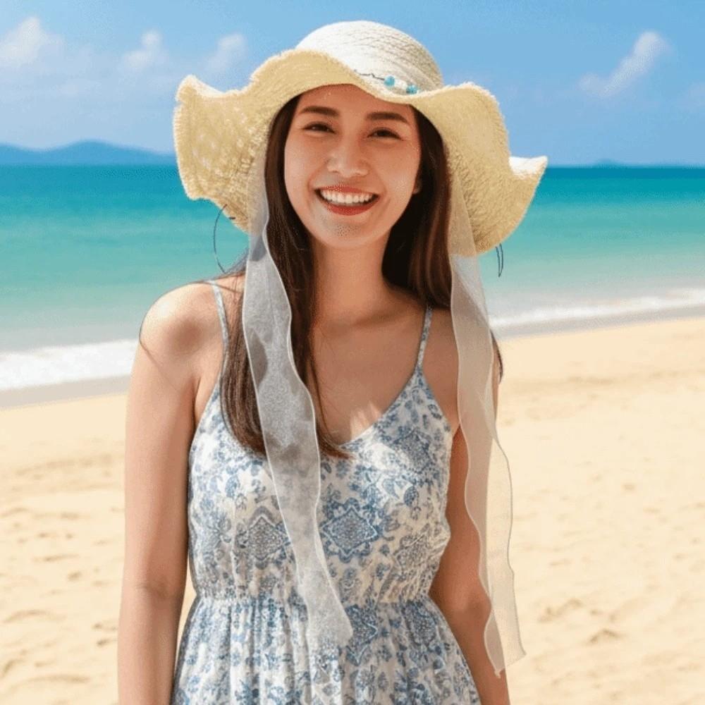 Breathable Big Brimmed Straw Hat with Turquoise Woven Sun Cap Vacation Beach Cap  Performances