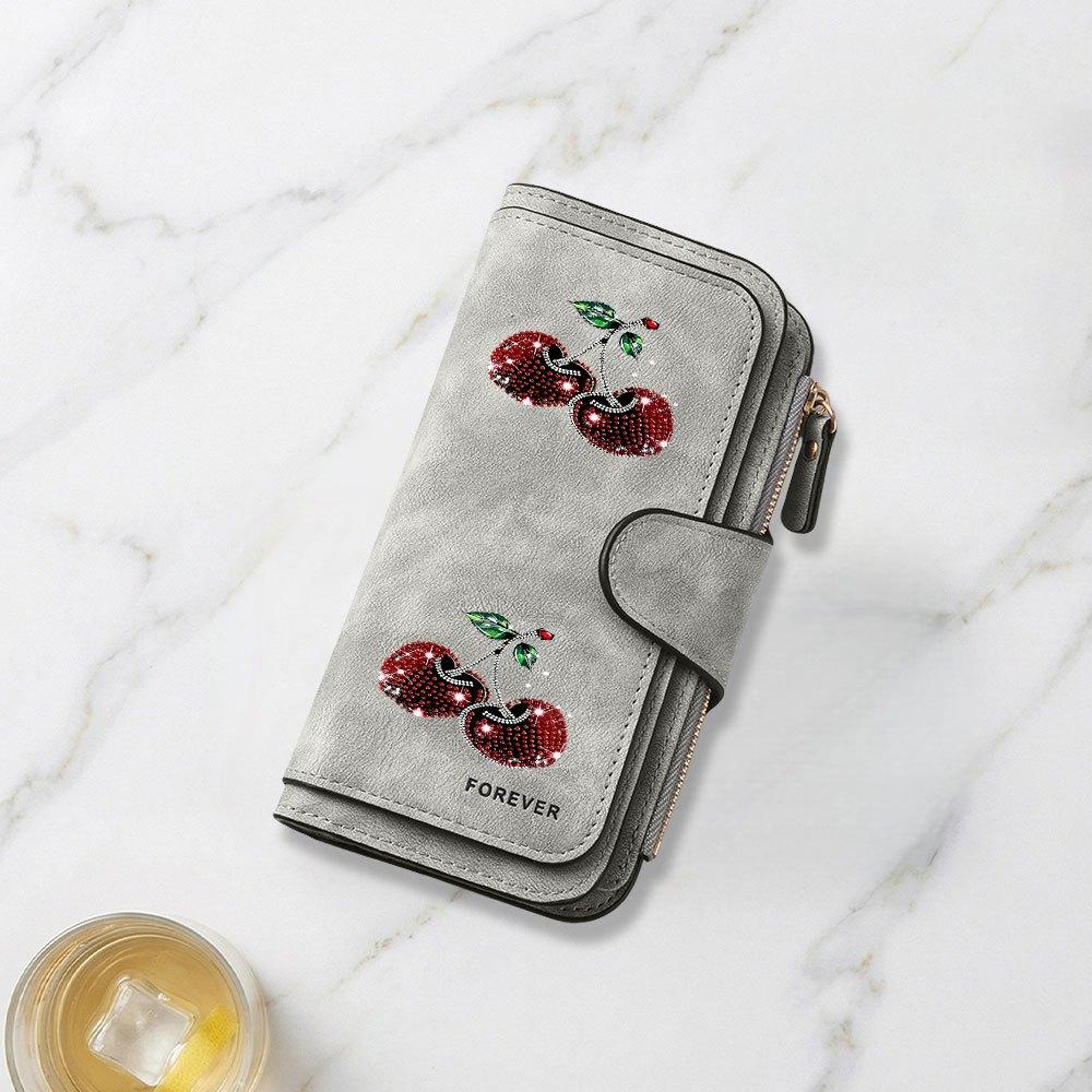 Fashionable long wallet with shiny crystal cherry decoration printed design eye catching multifunctional portable coin purse with clasp large