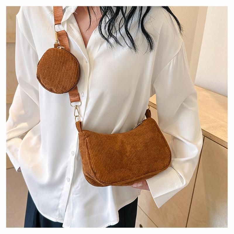 Womens Fashion Solid Color Corduroy Underarm Bag with Coin Purse Pouches Shoulder Crossbody Bag for Shopping Dating Work