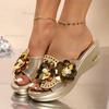 Fashion Floral Gold Silver Sandals Women Slip On Wedge Heels Pearl Sandalias Mujer Summer 2025 Soft Sole Platform Slippers Shoes Woman