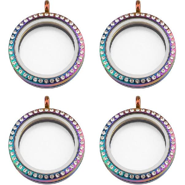 WANDIC Rhinestone Photo Charm, 4 Pcs Silver Round Wedding Bouquet Photo Charms Crystal Photo Pendant Double Sided Memory Lockets for Pictures