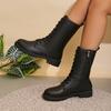 Damen Runde Zehenpartie Mittelhohe Reitstiefel, Seitenreißverschluss Britischer Stil Lederstiefel, Große Größen Herbst Winter Schuhe