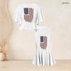 Women Plus Size Camo Printed O Neck Batwing Sleeve Ruffle Hem Top Fishtail Skirt Two Piece Set