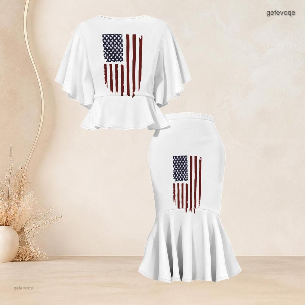 Women Plus Size Camo Printed O Neck Batwing Sleeve Ruffle Hem Top Fishtail Skirt Two Piece Set