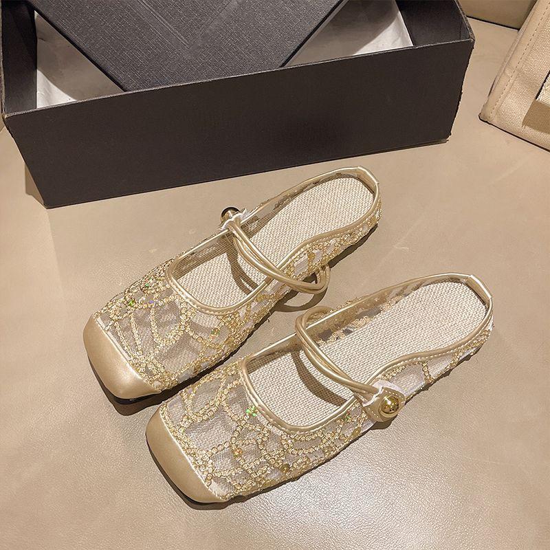 

Flat heel bag head Mary Jane cool slippers women s new sequined mesh temperament sandals with skirt half slippers 40 золотой