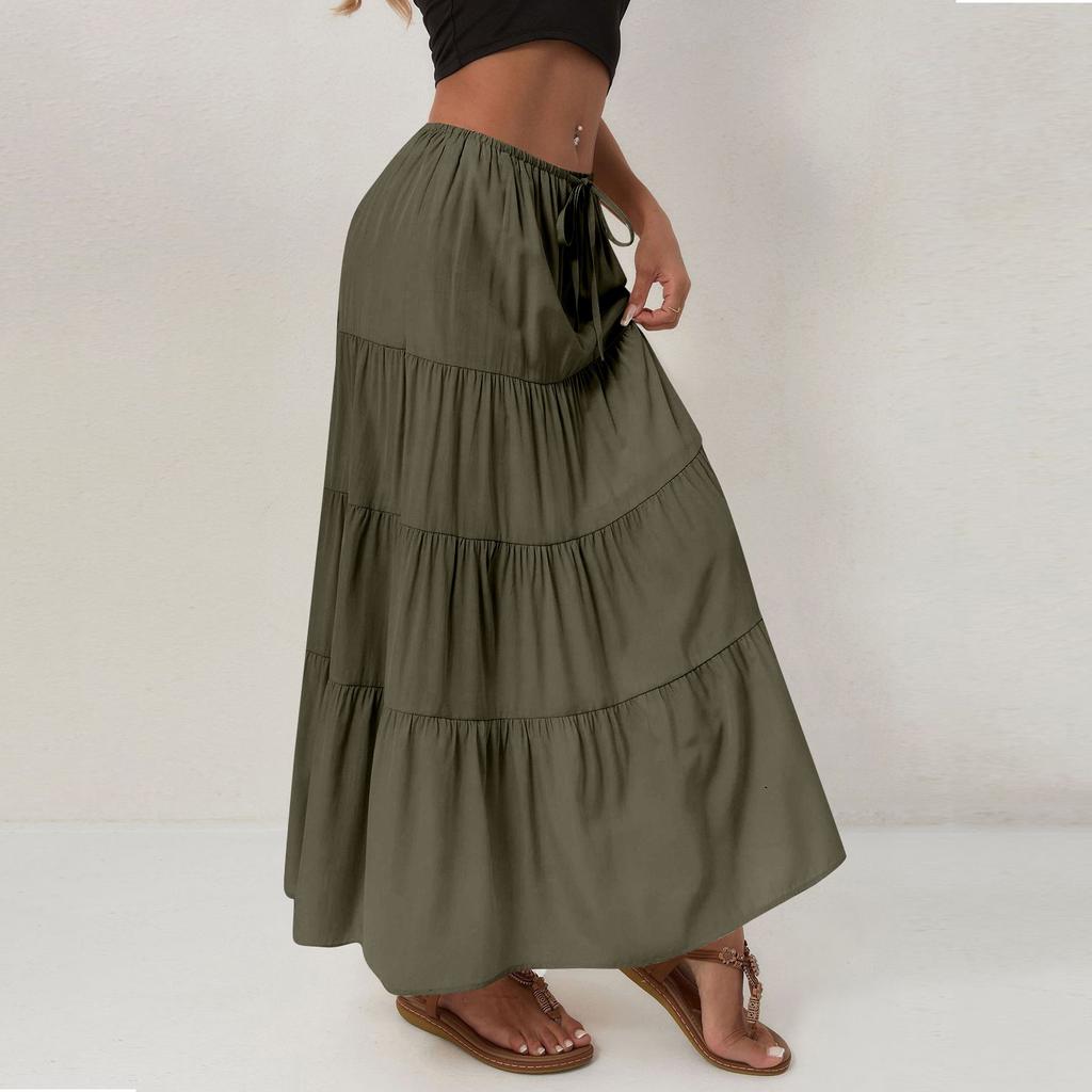 Damen Baumwollrock Hohe Taille Elastischer Bindegürtel Großer Schwingrock Europäischer Und Amerikanischer Lockerer Gespleißter Langer Rock Für Damen