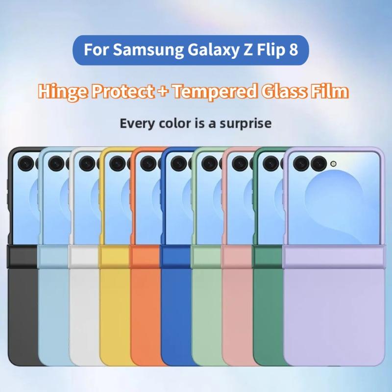 Fashion Candy Color Skin Feel Matte Hinge Protect Case for Samsung Galaxy Z Flip 8 7 6 5 4 3 Tempered Glass Film Anti-drop Cover