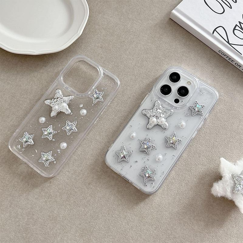 Sequin Silver Foil Epoxy Mobile Phone Case For Iphone17Promax Pearl Apple 14 Rhinestones 16 Stars Transparent