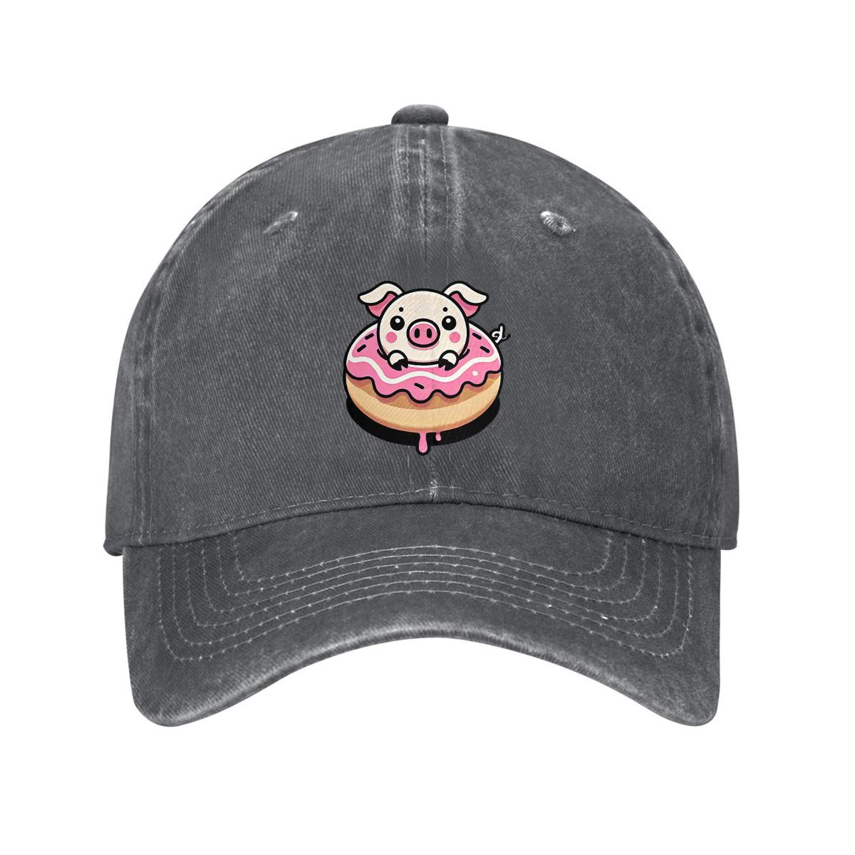 

Cute Pig in Donut Graphic Baseball Cap Cotton Adjustable Dad Hat Casual Sun Protection Unisex One Size