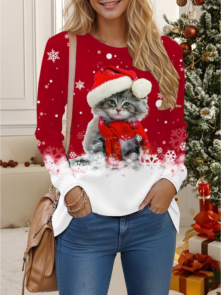 Tops for Women  3D  Christmas Print  Round Neck Long Sleeve T-shirt Fall Casual Slim Pullover Women's Long Sleeve Top