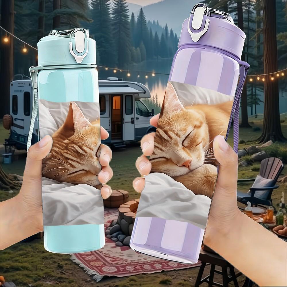 1PC Sleeping Cat Cozy Animal Print 750ml Color Plastic Sports Water Bottle Leakproof Flip Straw Lid Suitable for Sports Office Home Use
