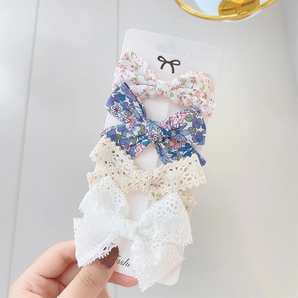 4Pcs/Set Floral Lace Hair Clip Set Girl Cute Bow FlowerTrimming Headwear Cartoon Hair Clips Hairpin Headdress Hair Accessories