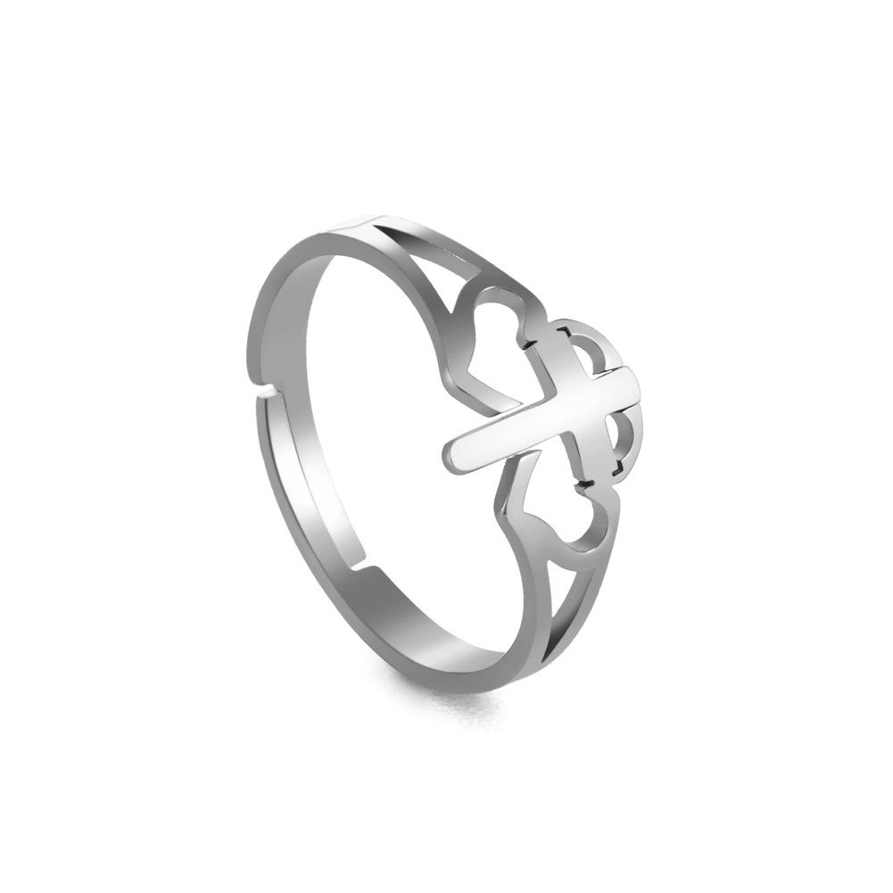 

Double Heart Cross Adjustable Open Ring Fashion Student Finger Ring Holiday Gift One size fits all