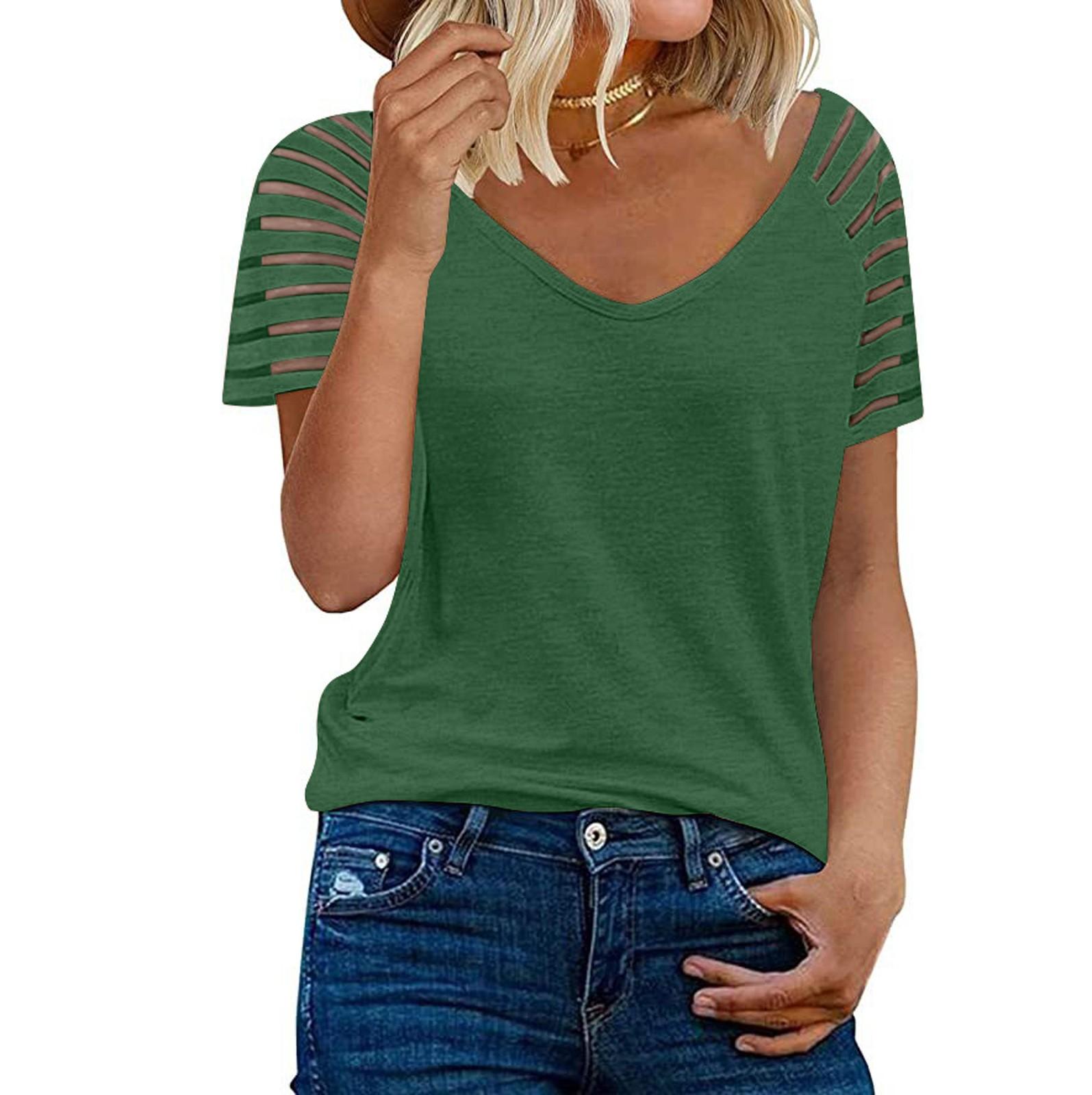 

Женские повседневные свободные рубашки с V-образным вырезом и коротким рукавом, модные сетчатые топы, футболки XL армия зеленый