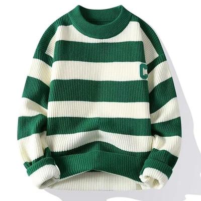 Autumn Winter Men's Pullover Round Neck Loose Striped Contrast Letter Warm and Thick Casual Fashion Elegant Commuting Knitwear