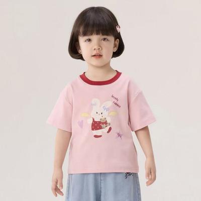 Girls Sweet Cartoon Print Short Sleeve T Shirt Summer Block Round Neck Cute Baby Top