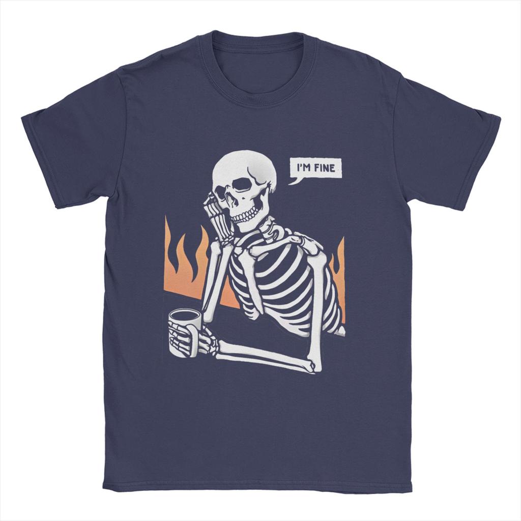 Novelty Skeleton Eternal Lovers  TShirt for Men O Neck Cotton T Shirt    I Am Fine  Short Sleeve Tees Party Tops