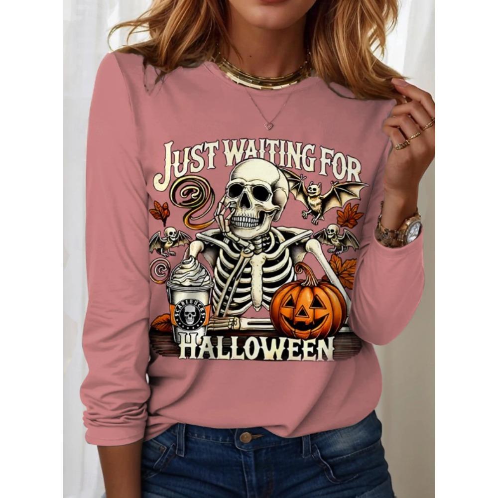 Tops for Women Christmas Print Round Neck Long Sleeve T-shirt Fall Casual Slim Pullover Women's Long Sleeve Top