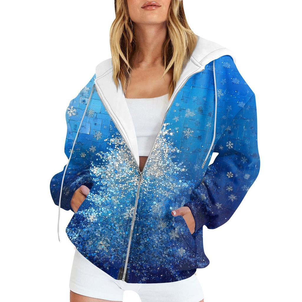 Ladies Fashion Casual Christmas Print Sweatshirt  Winter Long Sleeve Cardigan Jacket With Pocket Zipper Hoodie Jacket