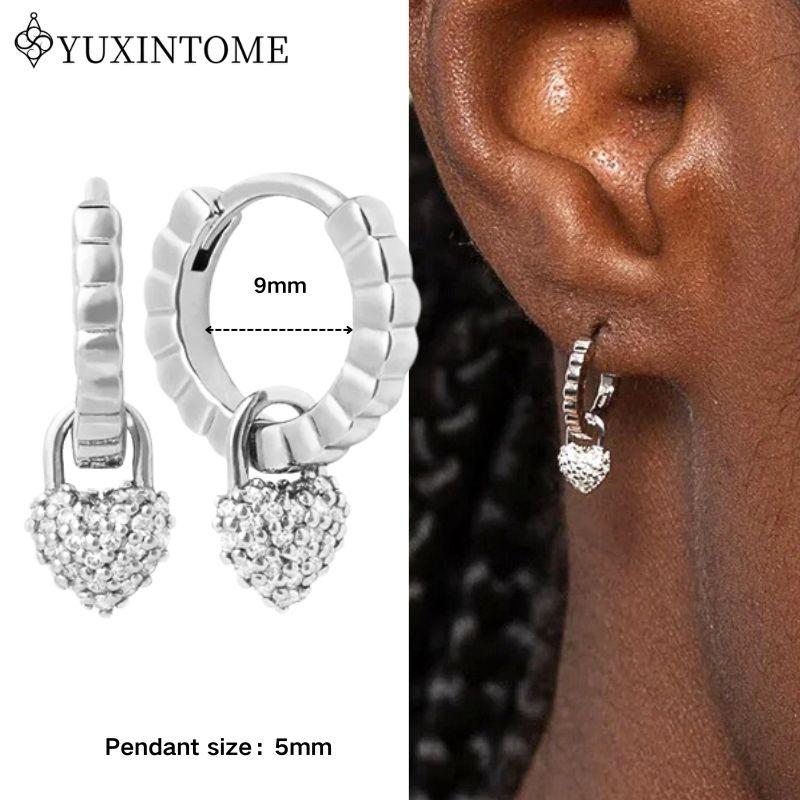 YUXINTOME 925 Silver Ear Needle Zircon Hoop gold Earrings For Women Square Plate Pendant Cutout Heart Earrings Fashion Jewelry